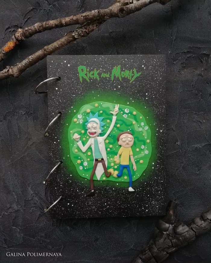 Notepad/sketchbook with Rick and Morty - My, Rick and Morty, Notebook, Sketchbook, Needlework without process, Handmade, Polymer clay, Acrylic, Painting, Longpost