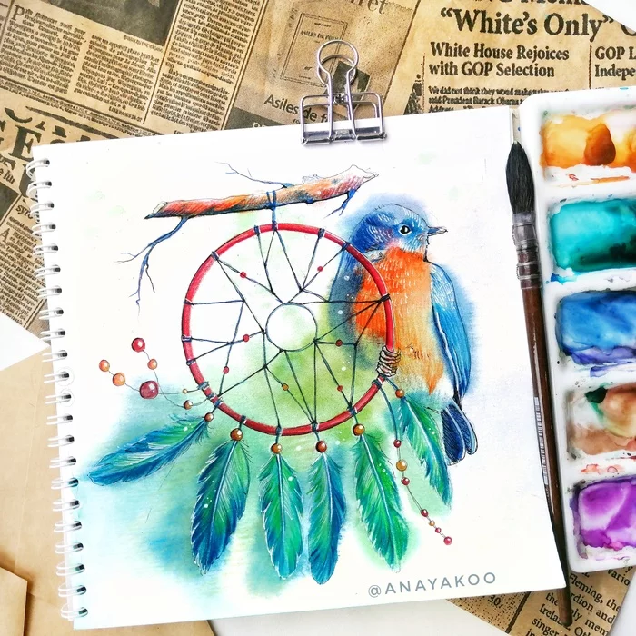 dream Catcher - My, Dreamcatcher, Birds, Feathers, Alcohol markers, Pencil, Sketch, Sketchbook, Art