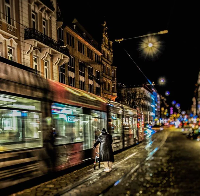 Night Freiburg, Germany - Freiburg, Germany, Its own atmosphere, Beautiful view, Night, Lamp, Tram, Person