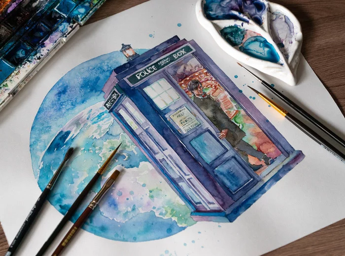 Eleventh - My, TARDIS, Matt smith, Doctor Who, Watercolor, Illustrations, Drawing