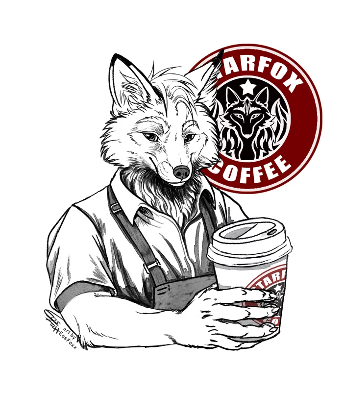 Drink coffee and smile - Furry, Furry fox, Coffee, Starbucks, Eosfoxx, Graphics