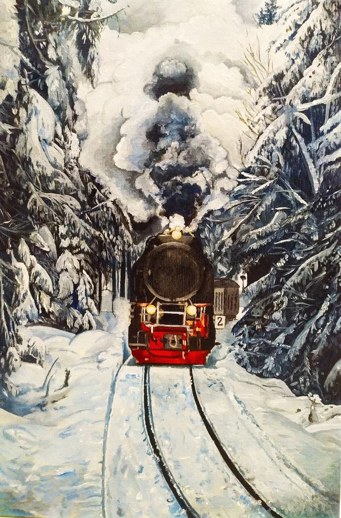 Train in the forest - My, Painting, A train, Snow