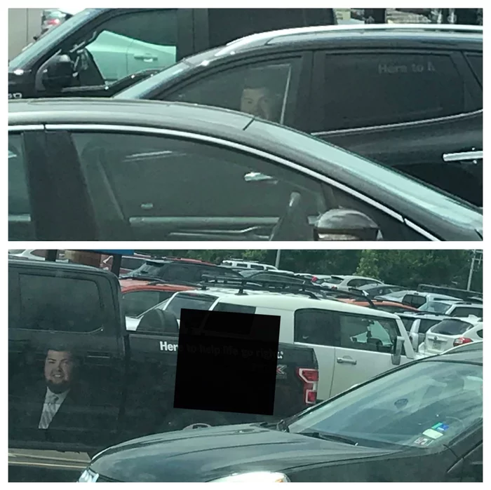 I tried for a long time to understand why this guy was looking at me like that. It turned out that it was just an advertisement on another car - Auto, The photo, Sight, People, It seemed, Guys, Reddit