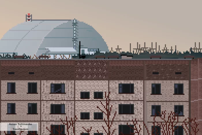 View of the Chernobyl NPP Shelter from Pripyat - My, Chernobyl, Pixel Art, NBK, Shelter, Aseprite