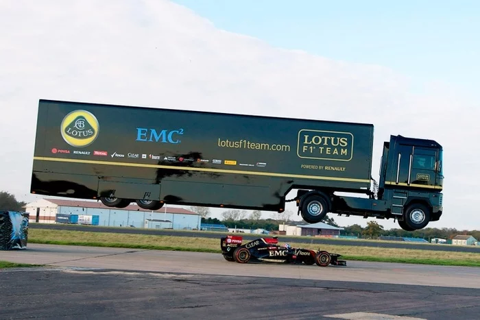 Nothing unusual, just an F1 car passing under a multi-ton truck flying in the air - Formula 1, Bolide, Truck, Bounce, Trick, Guinness Book of Records, GIF