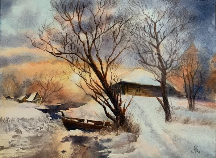 A little winter for your summer - My, Winter, Watercolor, Landscape, Watercolor technique, Painting