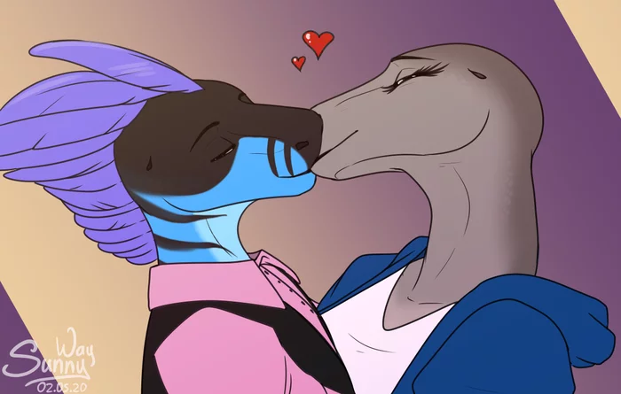 Kissssss - Dinosaurs, Raptor, Komodo monitor lizard, Art, Love, Anthro, Furry, Furry scalie