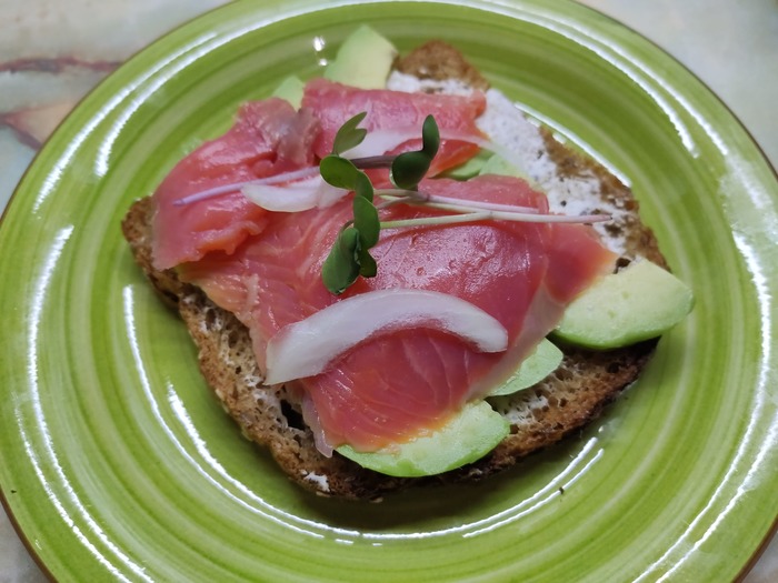      (Toast with avocado and trout) , , , , , 