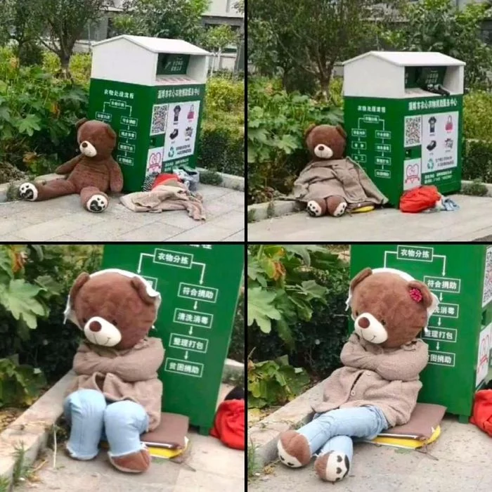 Evolution of an abandoned bear near a recycling container - Soft toy, Abandoned, 9GAG, Teddy bear, Cloth