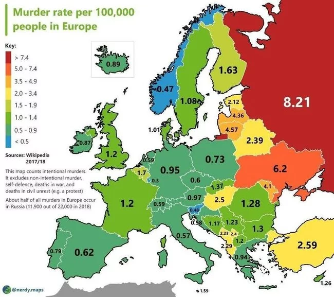 Количество убийств на 100 тысяч населения - Иконографика, Статистика, Население, Карты, Европа