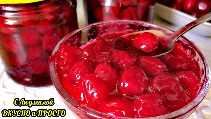 Cherry jam Five Minute. Cherries in jelly syrup. I don’t know of a simpler, faster and tastier way to prepare cherries for the winter. - My, Recipe, Video recipe, Cooking, Jam, Dessert, Stocks for the winter, Video, Longpost