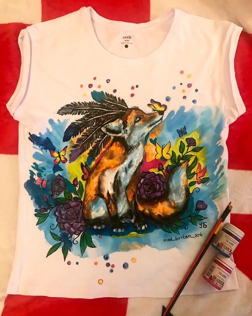 T-shirt with a little fox. First try of pen in watercolor technique on clothes - My, Fox, Drawing, Painting on fabric, T-shirt, Art