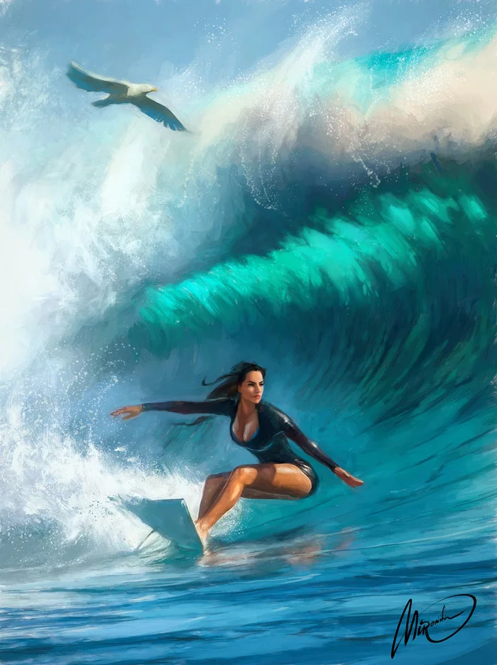 Flying on the waves - Art, Girls, Sea, Wave, Surfing, Mironishin