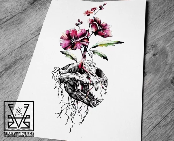 Katyukhina's rice cakes #1 - My, Sketch, Tattoo sketch, Scull, Flowers