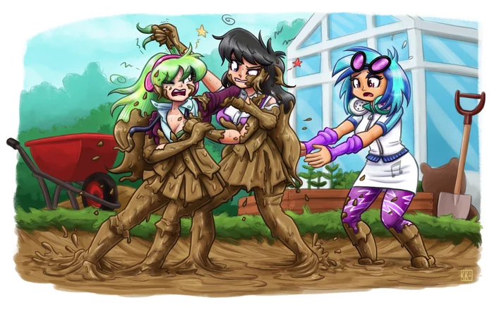 We wanted to work in the garden... - My little pony, Humanization, Octavia melody, Lemon zest, Vinyl scratch, King-Kakapo