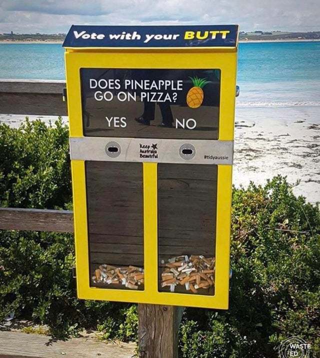 An interesting urn for cigarette butts). Note Translation Are pineapples good for pizza? Vote with your cigarette butt - Pizza, A pineapple, Urn, Cigarette butts