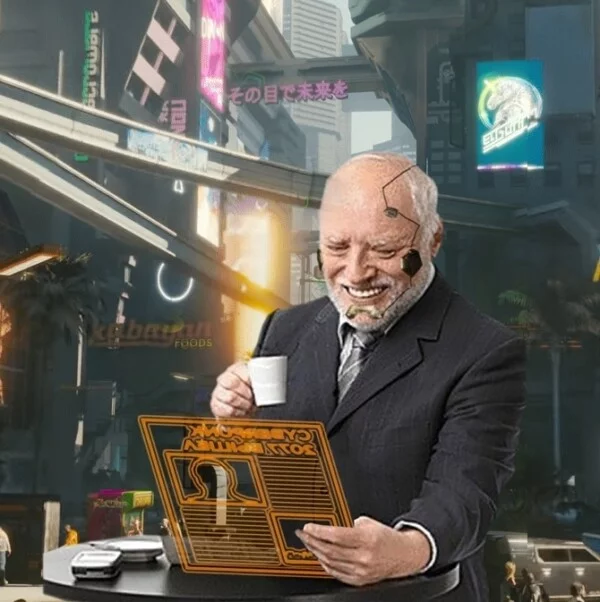 I'm in 2077 reading news about the next transfer of Cyberpunk 2077 - Games, Cyberpunk 2077, Memes, Harold hiding pain, Transfer