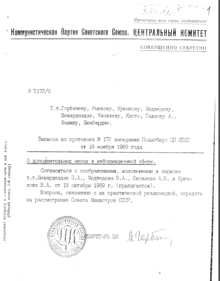 Выписка из протокола №172 заседания Политбюро ЦК КПСС 1989 г. Совершенно секретно - Политика, Михаил Горбачев, Цк КПСС, Протокол, Архив, Длиннопост