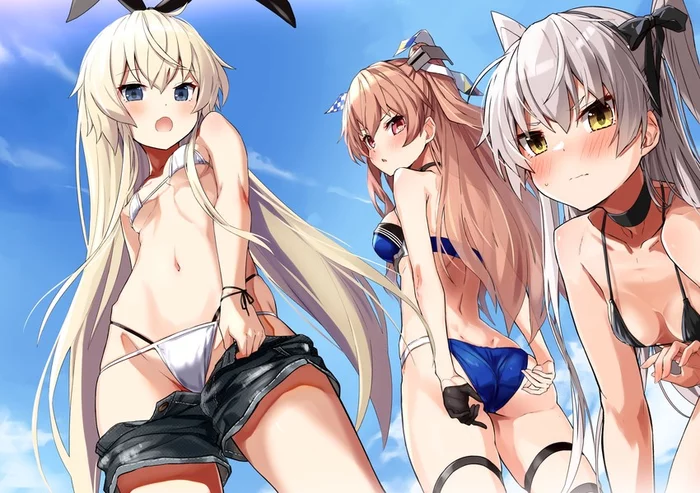 Bikini no Hi - Kantai Collection, Johnston, Shimakaze, Amatsukaze, Аниме, Anime Art, Купальник, Бикини, Длиннопост