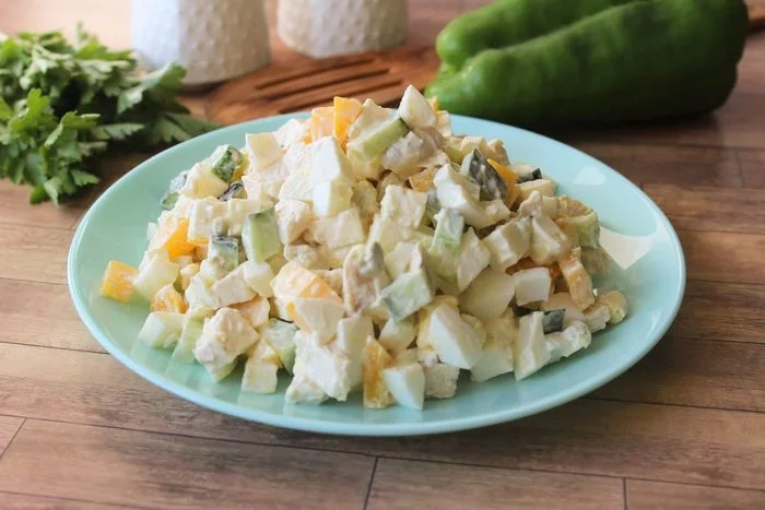 Salad with cheese, chicken and vegetables - My, Salad, Cheese, Recipe, Food, Cooking, Longpost