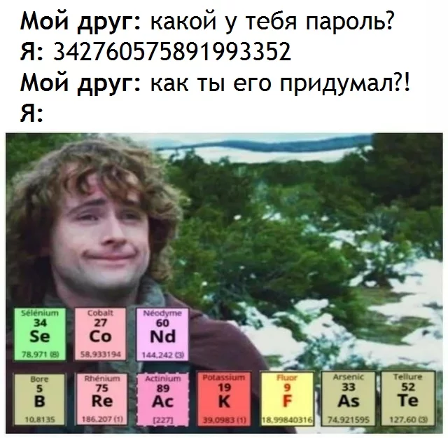 Backup password - Lord of the Rings, Peregrin Took, Breakfast, Password, Mendeleev table, Translated by myself, Picture with text