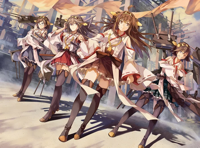 Kongou class - Anime, Anime art, Kantai collection, Kirishima, Haruna, Kongou, Hiei