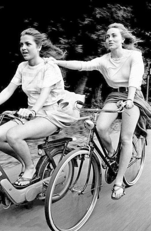 Walk - Black and white photo, Girls, A bike, Scooter