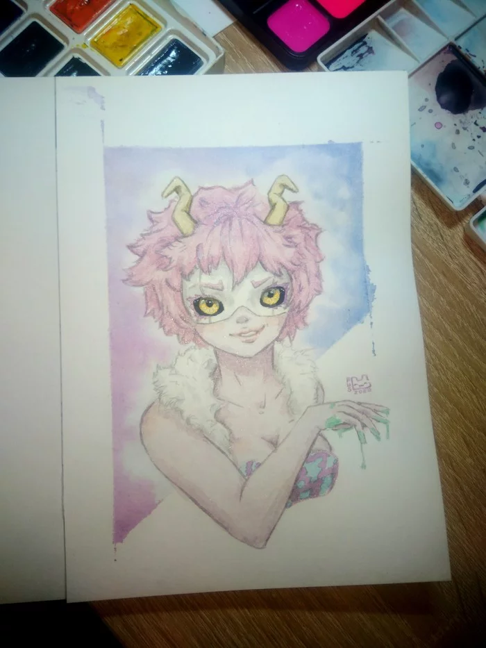 Mina Ashido watercolor - My, Anime, Drawing, Watercolor, Boku no hero academia, Ashido mina