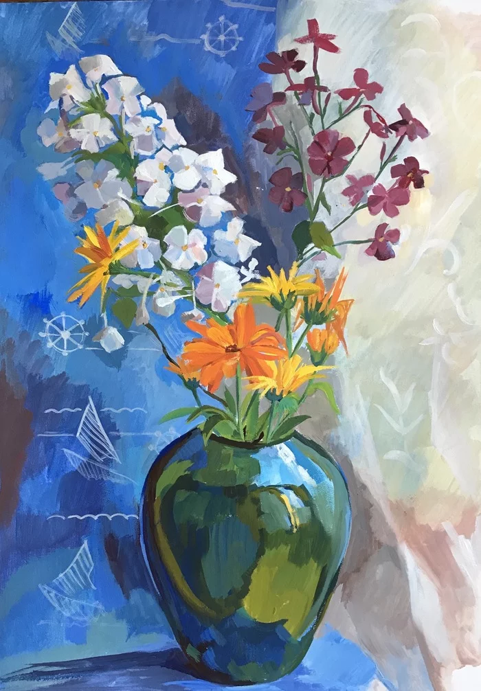 Phlox and marigolds - My, Flowers, Phlox, Bouquet, Tempera, Luboff00, Drawing