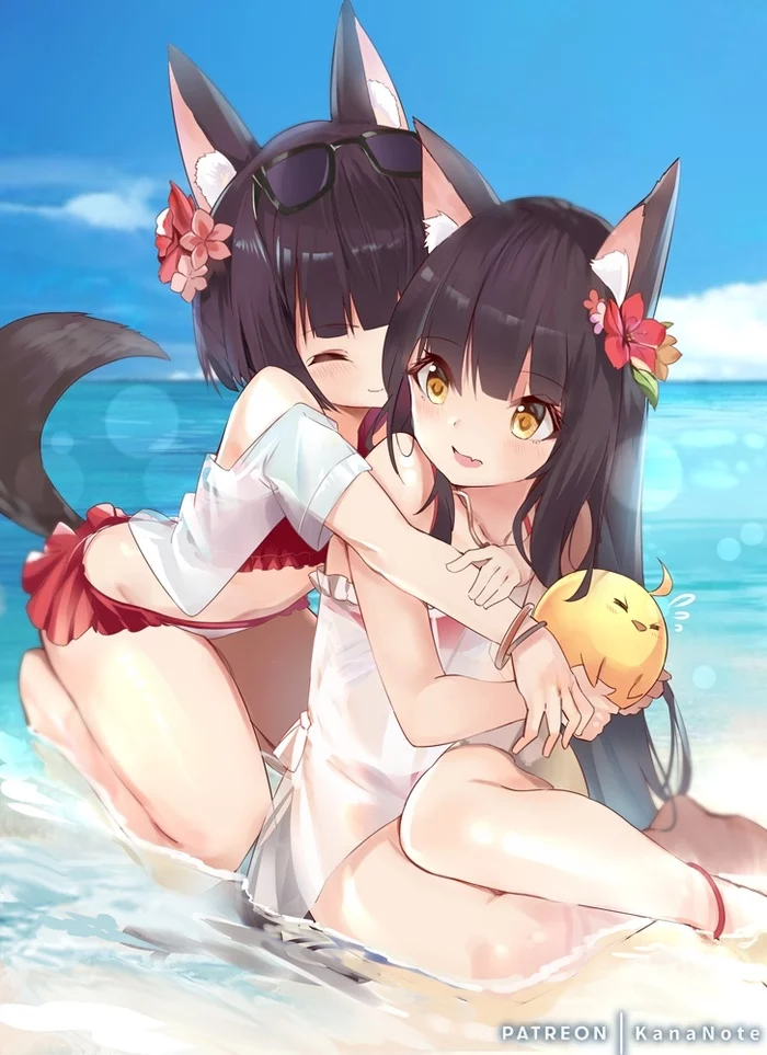 Mutsu and Nagato - Anime, Anime art, Azur lane, Mutsu, Nagato, Loli, Animal ears, Swimsuit