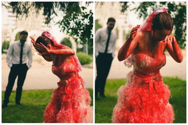NEAR THE REGISTRY OFFICE IN KAZAN SEVERAL BUCKETS OF “BLOOD” WERE POURED ON THE BRIDE - Negative, Kazan, Feminization, Performance, Tag
