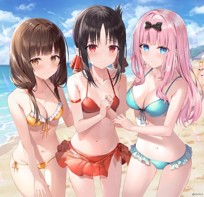 Beach Episode - Kaguya-Sama wa Kokurasetai, Shinomiya kaguya, Fujiwara chika, Miko Iino, Anime art, Anime, Swimsuit