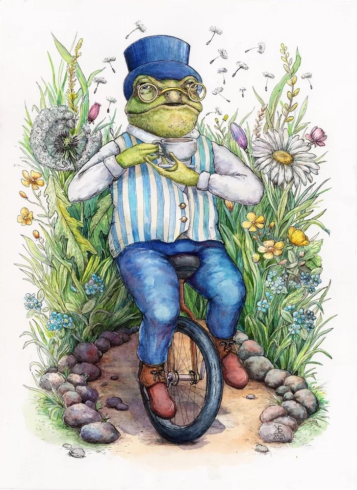 Mr Kwa on a unicycle - My, Graphics, Frogs, Watercolor, Unicyclist, Mascara, Plants, Drawing, Unicycle