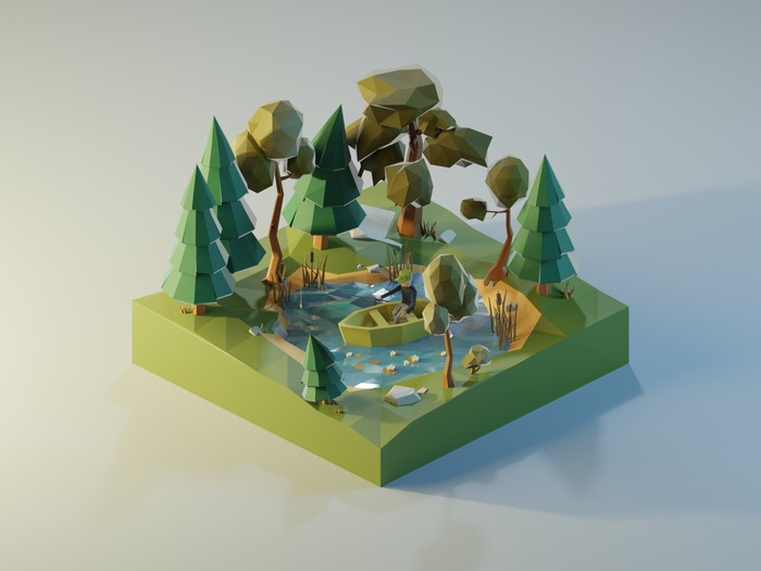 Пруд с рыбаком Low Poly