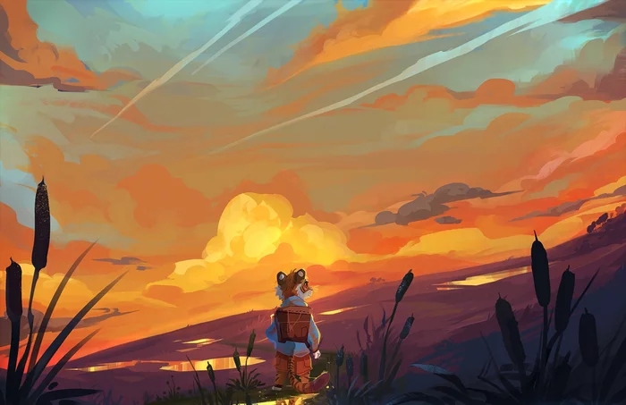 Little traveler - Furry, Art, Tiger, Landscape, Sunset, Cercat