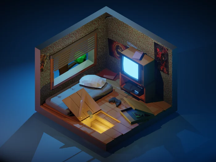 Room in the attic - My, Computer graphics, Low poly, 3D, 3D modeling, Geek, Blender