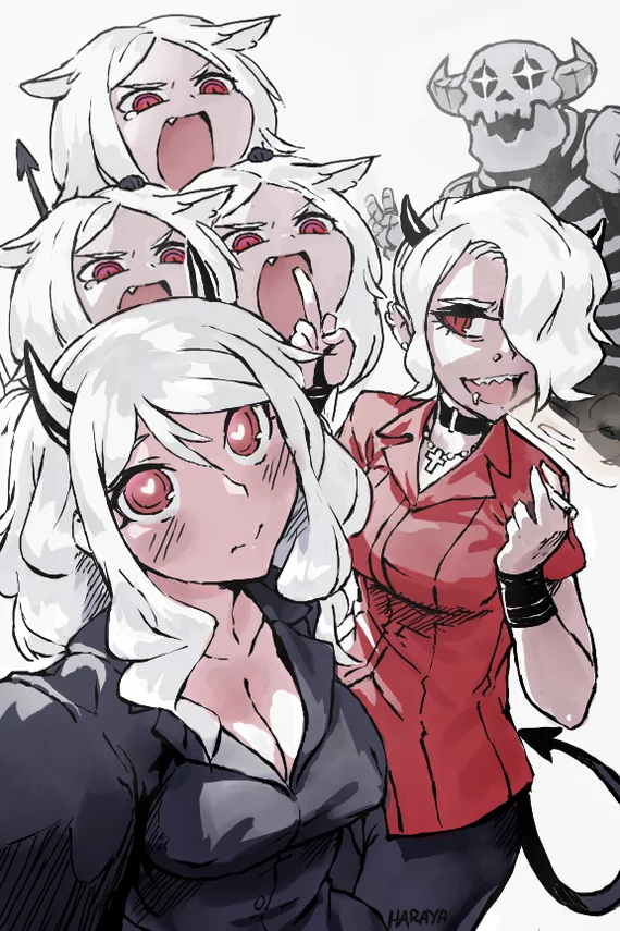 Helltaker selfie - Helltaker, Zdrada, Modeus, Cerberus, Anime, Anime art, Selfie, Haraya