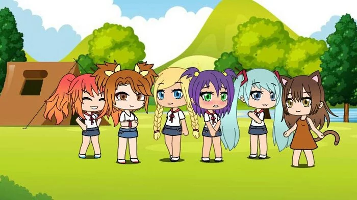 Who walks together in a row? Our cutest squad! - Endless Summer (visual novel), Ulyana, Glorifying, Lena, Hatsune Miku, Julia, Chibi