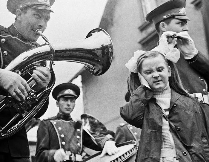 Soviet military band at the parade in Saxony (part of the former GDR) 1974 - Military Band, Music, Saxony, GDR, 1974, Black and white photo, The photo