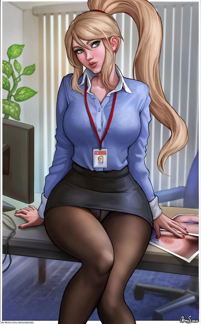 Reply to the post To the delight of the whole office! - NSFW, Art, Erotic, Girls, Metroid, Samus aran, Aromasensei, Hand-drawn erotica, Tights, Reply to post, Longpost