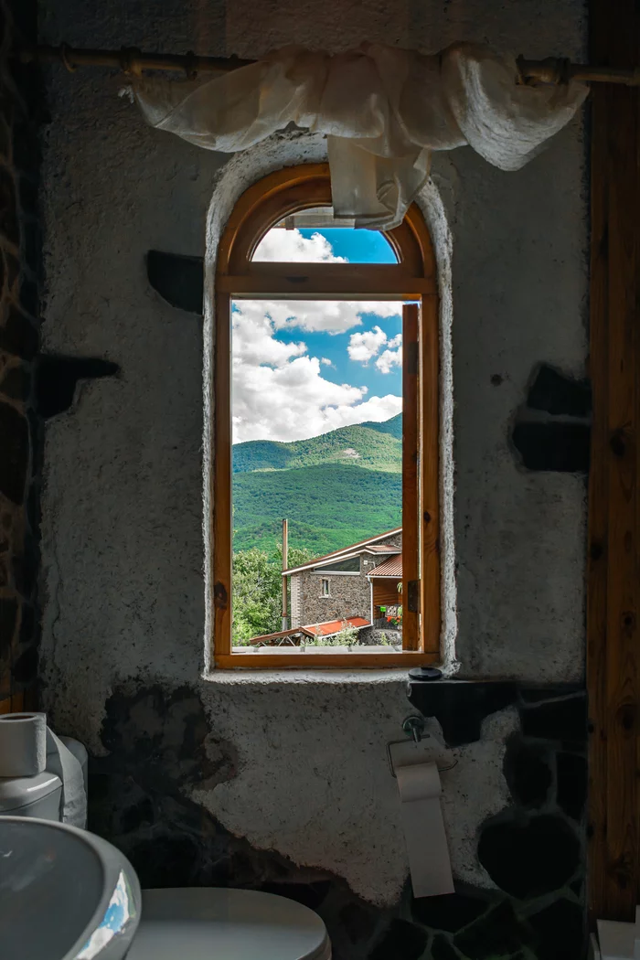 View from the restroom window :) - My, View from the window, The mountains, Forest, House in the woods, The photo, Nature, Window, Toilet