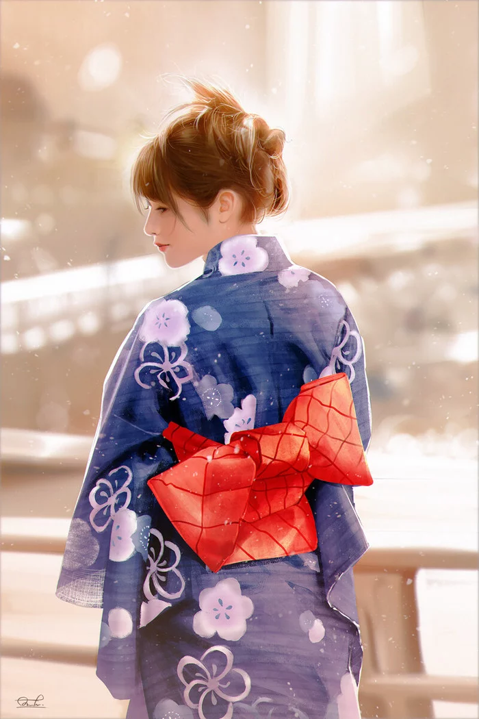 Red - Art, Drawing, Girls, Kimono, Light, Kittichai Rueangchaichan