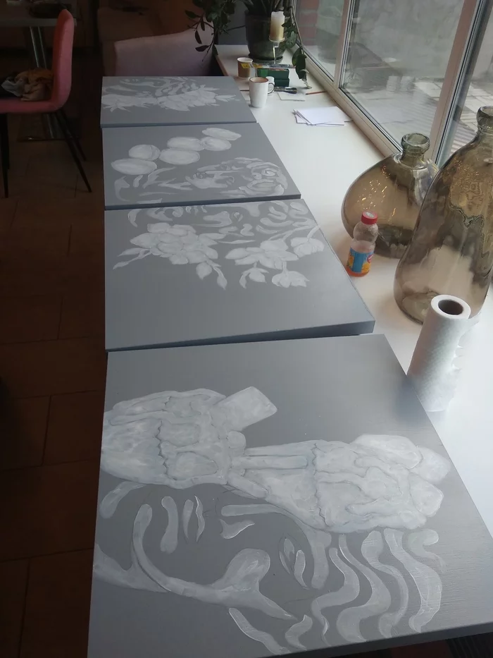 Table painting for a coffee shop - My, Acrylic, Interior painting, Painting on wood, Dot painting, Painting, Longpost, Needlework with process, With your own hands