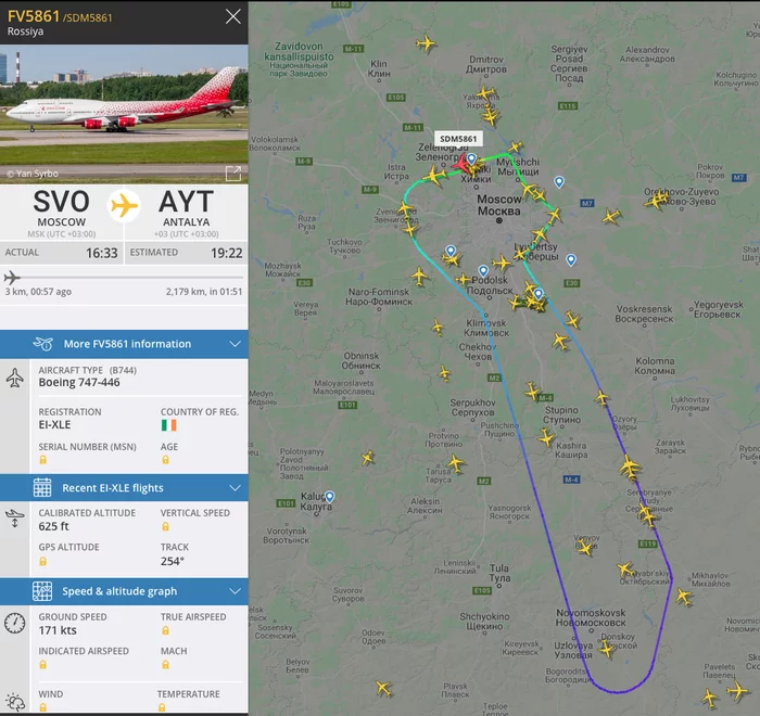 AK Russia flight to Antalya returned back - Sheremetyevo, Boeing 747, Flightradar24