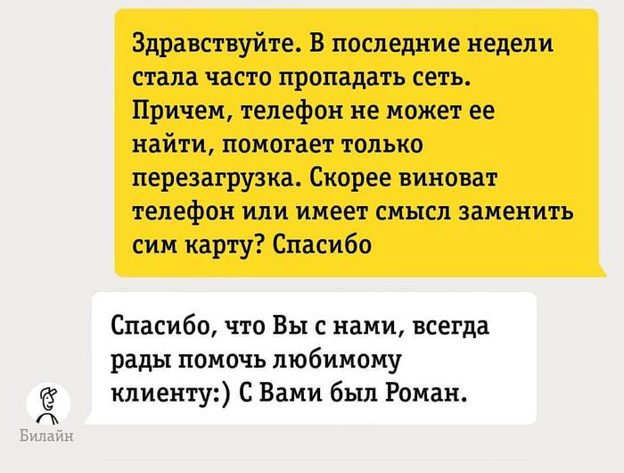 Спасибо, бл#ть, Роман. Очень помог - Моё, Билайн, Скриншот, Переписка