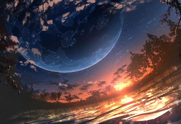 Planet - Art, Drawing, Planet, Starry sky, Sunset