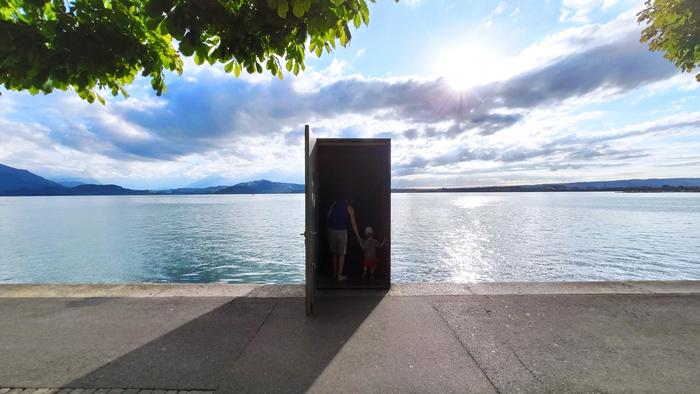 Entrance to the underwater observatory of Lake Zug in Switzerland. Looks like a scene from the movie The Truman Show! - Door, Lake, Switzerland, entrance, Underwater, Observatory, Associations, Truman show, Frame, Not photoshop, Zug, Longpost, Video