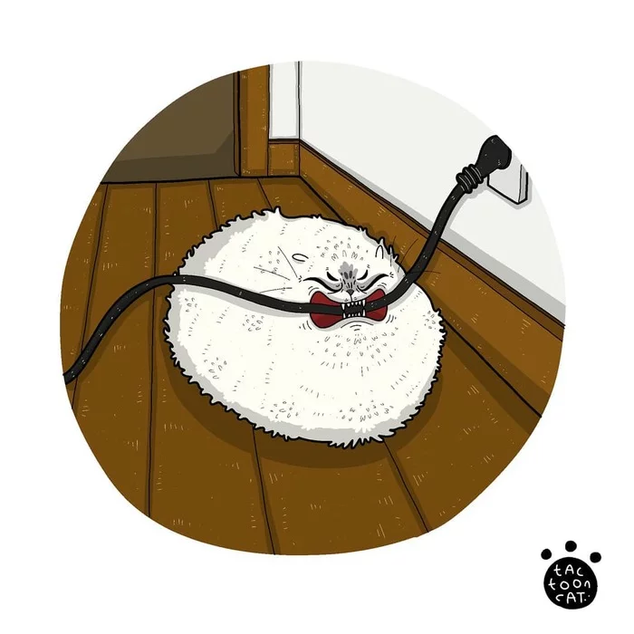 Хозяин! Я поймал змею! - Кот, Рисунок, Провод, Tactooncat