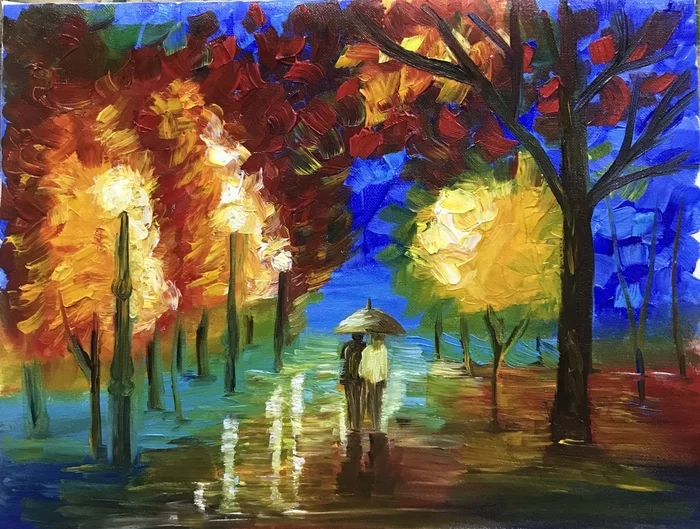 My first painting - My, Autumn, Landscape, Painting, Beginner artist, Learning to draw, Lovers, Oil painting