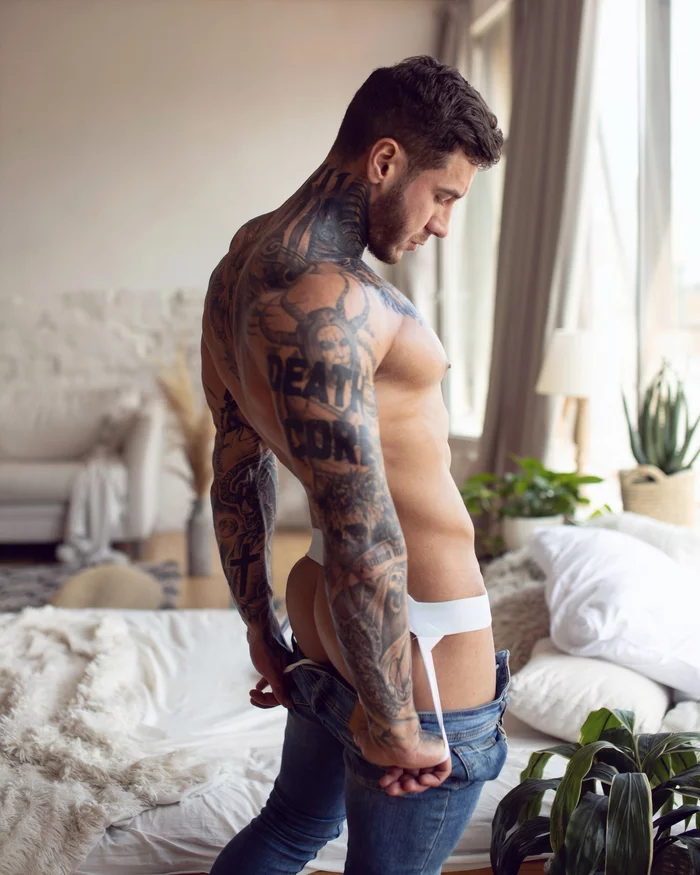 I continue to please our ladies - NSFW, My, Playgirl, Naked guy, Back, Tattoo, Naked torso, Underpants, Beard, Muscle, , Copyright